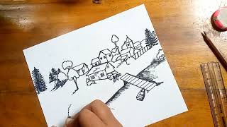 HOW TO DRAW A CIRCLE VILLAGE SCENARY | ART BY TARIN | CIRCLE DRAWING |