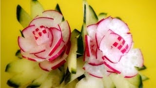 Radish Flower | Cucumber Leaf  - Art In Radish Show - Vegetable Carving Rose Tutorial