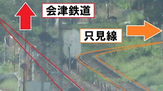 西若松駅の橋上駅舎から見える只見線と会津鉄道の分岐地点