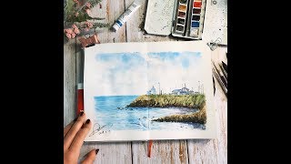 【米蒂水彩教程】用速写旅行本画海边风景视频教程+语音讲解 |Watercolor painting of seaside scenery |watercolor tutorial