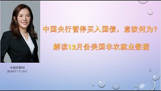 小鹿看财经1月10日：中国央行突然暂停买入国债，其意欲何为？12月美国非农新增就业和失业率都在好转，预计1月份降息无望，重启降息很可能要拖到下半年。