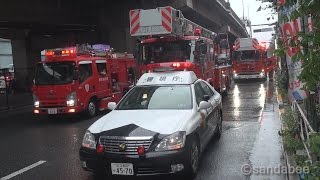 火災現場へ集結した多くの消防車。Many fire engines which gathered to the fire spot.