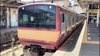 【ネタ組成！】E531系0番台ｶﾂK451編成（赤電ラッピング・トップナンバー）＋ｶﾂK409編成が回送電車として警笛を鳴らして上野駅6番線を発車するシーン（回1283M）2024.5.4.10:44