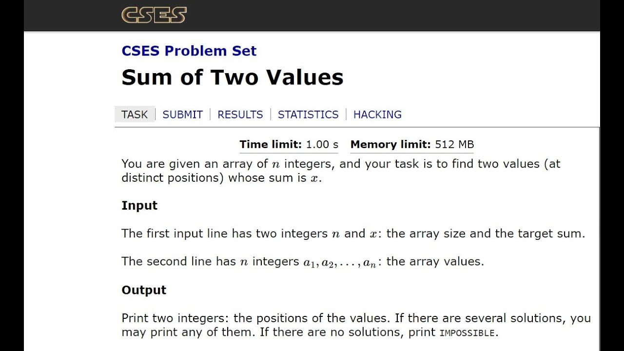 CSES Problem Set || Sum Of Two Values || Sorting And Searching - YouTube