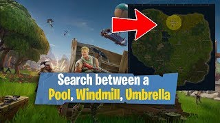 search between a pool windmill and an umbrella challenge fortnite battle royale - fortnite umbrella pool windmill