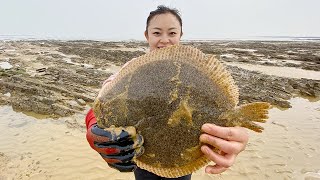 【English sub】小章赶海抓到多宝鱼，好大一条在水里扑腾，回家做个清蒸肯定美味【赶海小章】