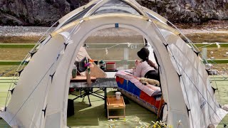 SOLO Camping in RAIN with Fluttering Cherry Blossom  | Superb view of Cliffs&Valleys | Relaxing ASMR