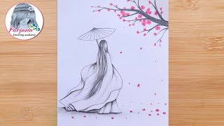 How to Draw Japanese Girl with Kimono || A girl under cherry blossom tree - Pencil Sketch Tutorial