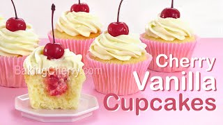 CHERRY VANILLA CUPCAKES with WHITE CHOCOLATE FROSTING | How to Make Vanilla Cupcakes | Baking Cherry