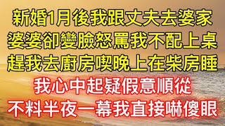 新婚1月後我跟丈夫去婆家，婆婆卻變臉怒罵我不配上桌，趕我去廚房喫晚上在柴房睡，我心中起疑假意順從，不料半夜一幕我直接嚇傻眼