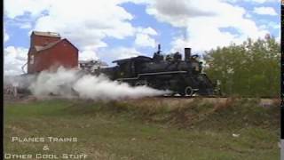 1990, Baldwin 2-8-0 locomotive and passenger train in Stettler, Ab. pure sound