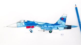 Рисуем военный самолёт истребитель Су-27  | How to draw a Su 27 fighter plane, part 2