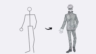 How to draw Gojo Satoru Full Body out of Stick Man | Easy Step by Step