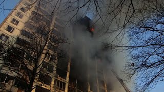 Building burns after Russian strike on Kyiv