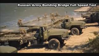 Russian Army Building Military Bridge Full Speed Test. Army 6x6 Truck KRAZ 255 PMP.