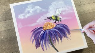 Flower and Bee - Easy Acrylic Painting for Beginners / Painting Tutorial #36 / Satisfying ASMR