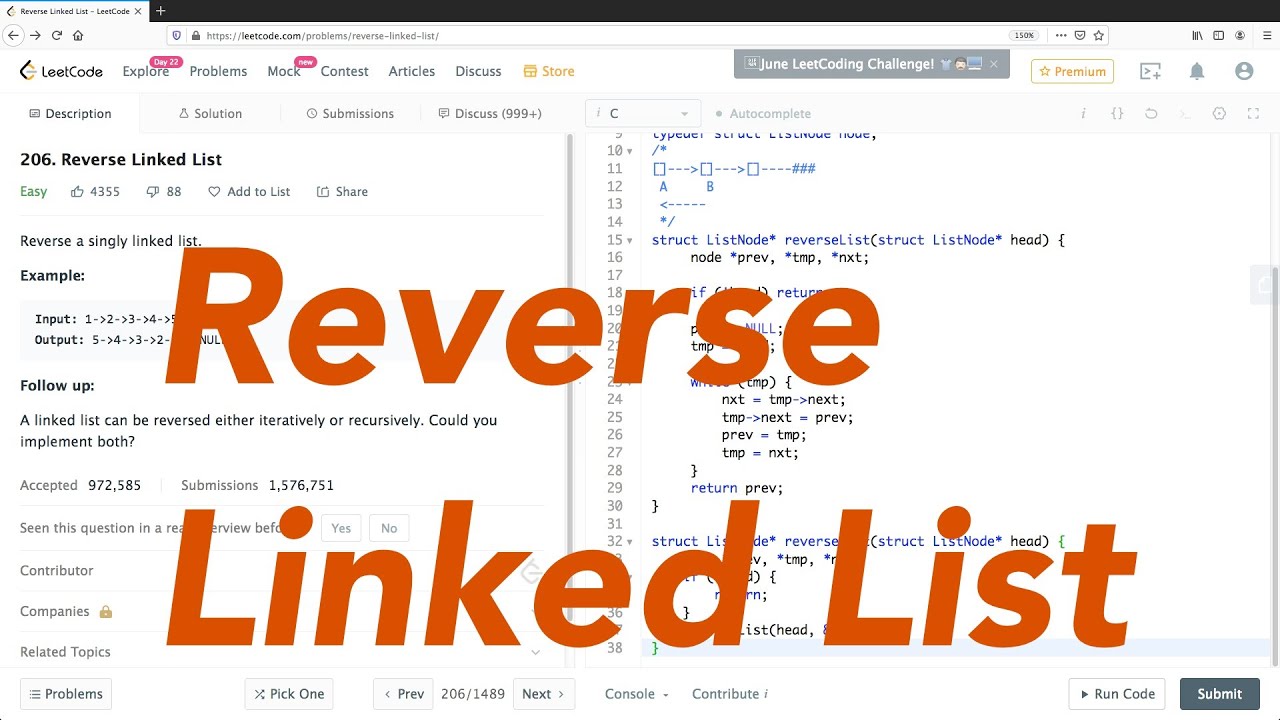 Leetcode 206: Reverse A Singly Linked List. - YouTube