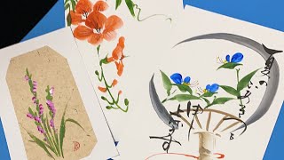 【７月の絵】簡単な暑中見舞い、Easy drawing of July flowers 露草、ネジバナ、ノウゼンカズラを描く、　ほのぼの一筆画25🥰2021