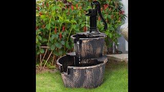 🌊 Outdoor 2 Tiers Waterfall Rustic Barrel Décor Garden Backyard Patio Fountain with Pump