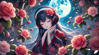 Camellia flower, autumn, moon, beautiful elf girl sleeping at night/Sleep Music/Work Music