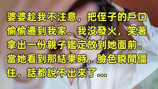 婆婆趁我不注意，把侄子的戶口偷偷遷到我家。我沒發火，笑著拿出一份親子鑑定放到她面前。當她看到那結果時，臉色瞬間僵住，話都說不出來了…#情感故事 #家事糾葛 #智慧應對 #爽文 #逆風翻盤