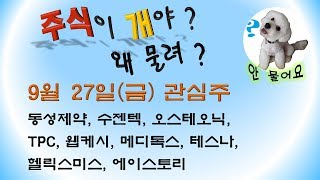 [웃지] 9월27일 관심주 - 동성제약, 수젠텍, 오스테오닉, TPC, 웹케시, 메디톡스, 테스나, 헬릭스미스, 에이스토리