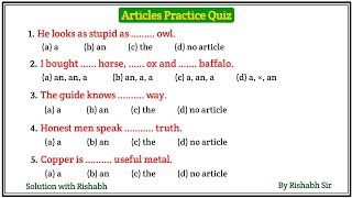 Articles A An The questions | Articles A An The in English Grammar | Articles Practice Set Exercise