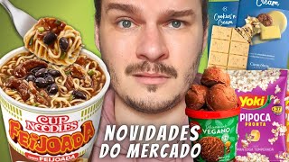 PROVANDO LANÇAMENTOS DE MERCADO / MIOJO DE FEIJOADA, SORVETE VEGANO, CHOCOLATE DA CACAU SHOW, PIPOCA