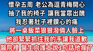 懷孕五周 老公為逗青梅開心，抽了我的椅子 讓我當眾出醜，青梅破涕為笑 我忍著肚子裡鑽心的痛，將一桌飯菜狠狠潑倆人臉上，他卻緊緊抓住我的手讓我道歉，直到醫院裡醫生一舉動他瘋了#家庭伦理#小說