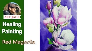 Painting Watercolor flowers - Red Magnolia ART JACK