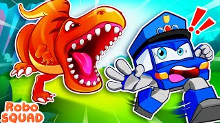 Run!!! T-Rex is Coming! 🦖🦕 Can Police Escape Dinosaur? | Funny Stories For Kids by RoboSquad