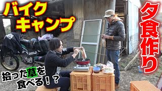 道端で拾った草を夜のキャンプ飯にする！？