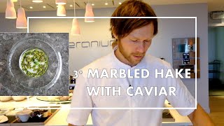 3* Rasmus Kofoed prepares 'Marbled Hake' with caviar & buttermilk at Geranium restaurant in Denmark