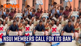 NSUI members hold a protest demonstration at the NTA office calling for a ban on the testing agency