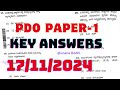 Today's PDO Paper - 1 KEY ANSWERS 2024/ PDO Exam key answers GK Question Paper Expected 17/11/2024 2