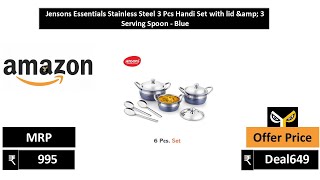 Jensons Essentials Stainless Steel 3 Pcs Handi Set with lid \u0026 3 Serving Spoon   Blue