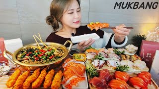 SUB) 대왕초밥 \u0026 뜨끈~한 우동과 바삭바삭 새우튀김 먹방 Giant Sushi. Fish cake Udon. Fried Shrimp. REAL SOUND ASMR MUKBANG