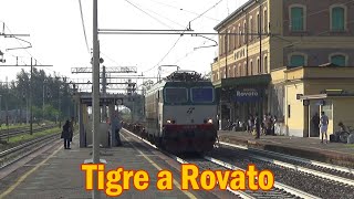 Locomotiva E652 Tigre con treni merci di container in transito nella stazione di Rovato