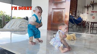 So funny! Baby monkey ZiZi gets angry when monkey SinSin sneaks out to play alone