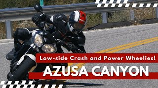 Low-side Crash into the Guardrail at Azusa Canyon - Power Wheelies, Park Ranger, and Summer Riding!