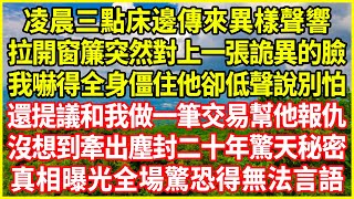 凌晨三點床邊傳來異樣聲響，拉開窗簾突然對上一張詭異的臉，我嚇得全身僵住他卻低聲說別怕，還提議和我做一筆交易幫他報仇，沒想到牽出塵封二十年驚天秘密，真相曝光全場驚恐得無法言語！#情感故事 #深夜淺談