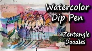 Colorful Zentangle/ Doodles/ Abstract Watercolor+ Dip Pen. Relaxing Art