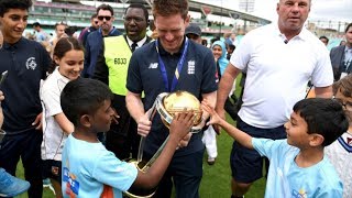 England cricketers celebrate their first World Cup triumph