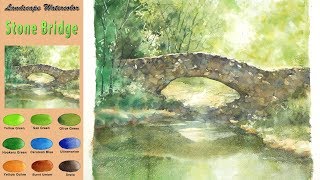 بدون رسم ألوان مائية طبيعية - جسر الحجر (wet-in-wet, Arches) NAMIL ART