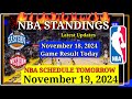 NBA STANDINGS TODAY as of November 18, 2024 | GAME RESULTS | NBA SCHEDULE November 19, 2024