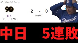 中日ドラゴンズ　5連敗完封負け　68年ぶりの13試合連続本塁打なし