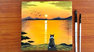 Cat Watching Sunset Painting on Canvas | Acrylic Painting