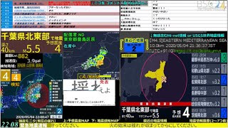 緊急地震速報 2020年05月04日22時07分 千葉県北東部 M5.5 深さ50km 最大震度4