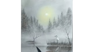 How to easy draw landscape heron on the lake with charcoal