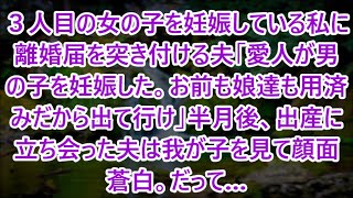 【スカッとする話】３人目の女の子を妊娠している私に離婚届を突き付ける夫「愛人が男の子を妊娠した。お前も娘達も用済みだから出て行け」半月後、出産に立ち会った夫は我が子を見て顔面蒼白。だって…【修羅場】